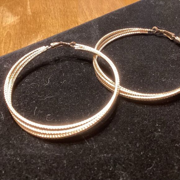 Goldtone Triple Strand Textured Hoop Earrings - Picture 5 of 6